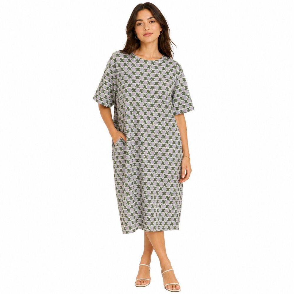 Hyacinth House Dress Womens XXL Green Floral Short Sleeve Shift Midi Pockets